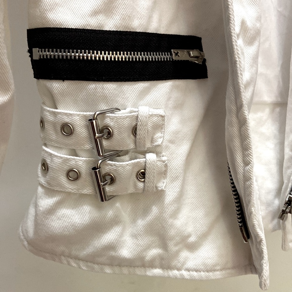 TRIPP NYC LG. WHITE & BLACK BIKER/MOTO JACKET~ZIPPERS, STRAPS, STUDS & CLASPS - Picture 11 of 15